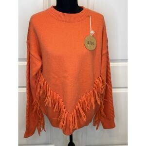 BiBi Sweater Womens Large Orange Fringe Cable Knit Pullover Western Boho Style